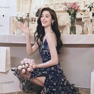 FLONAKED Designer Deep Blue Starry Sky Embroidered Camisole French Slim Dress S